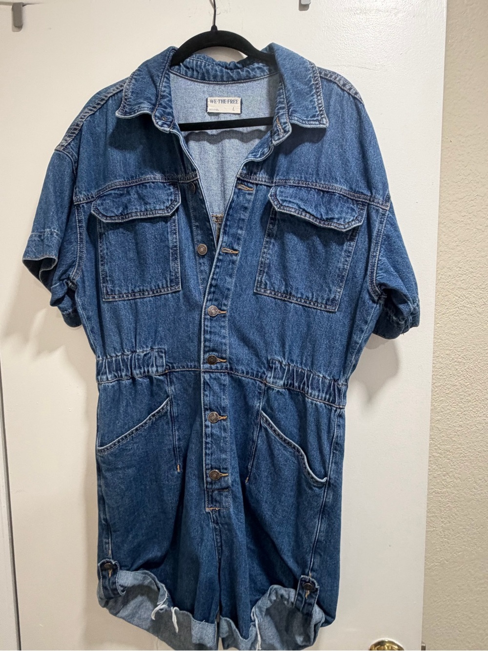 We The Free Blue Denim Jean Short-Sleeve Romper